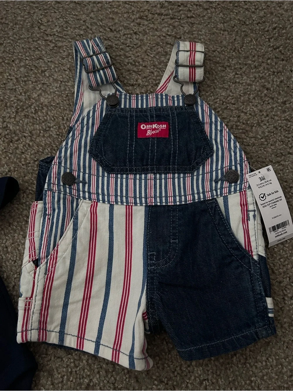 OshKosh B'gosh Navy Polo and Red-Striped Denim Overalls Set